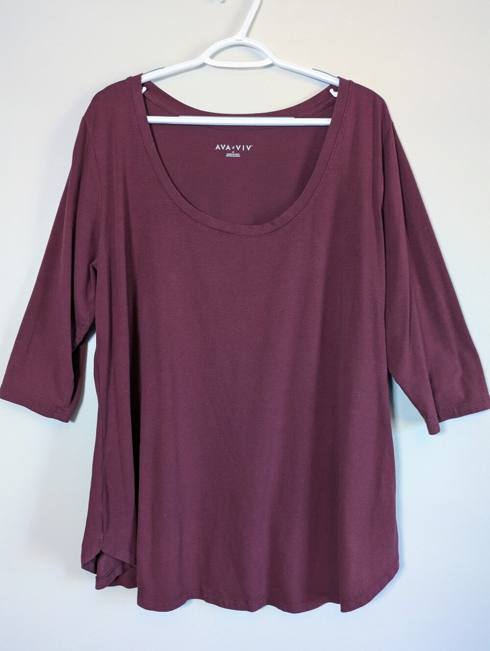 Deep Scoop Neck Knit Top Curved Hem Longer Length Wine Color  | 1X | Ava & Viv